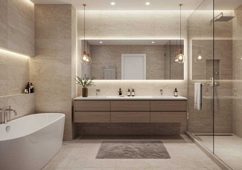 Modern bathroom with a stylish floating vanity as the focal point, complemented by soft lighting and a clean, minimalist design