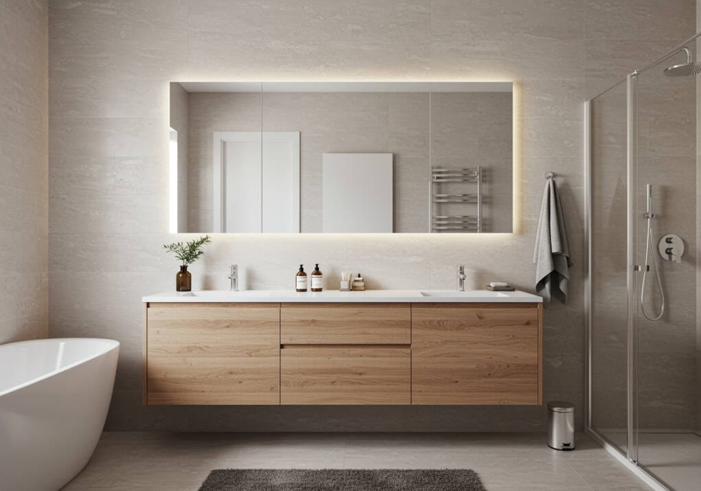 Modern bathroom with floating wooden vanity, LED mirror, and neutral-toned tiles for a sleek, contemporary design