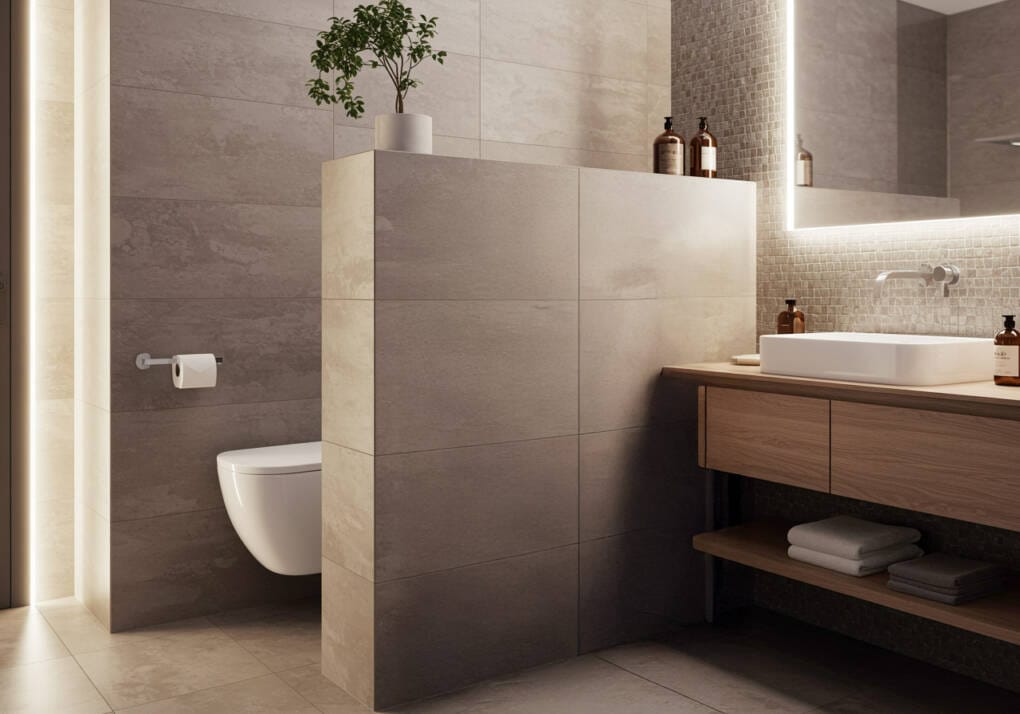 Modern bathroom with a discreetly placed wall-mounted toilet, partially hidden behind a stylish tiled half-wall for privacy. Warm ambient lighting enhances the sleek, contemporary design