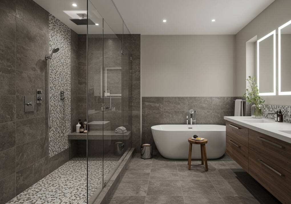 Luxurious modern bathroom with a spacious walk-in shower, mosaic tile accents, and a freestanding bathtub for a spa-like retreat