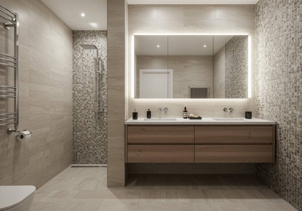 Modern bathroom design with large vanity, illuminated mirror, and mosaic feature wall in the shower area. The wood-textured vanity provides storage, while the neutral tones and stylish finishes create a luxurious, serene bathroom.