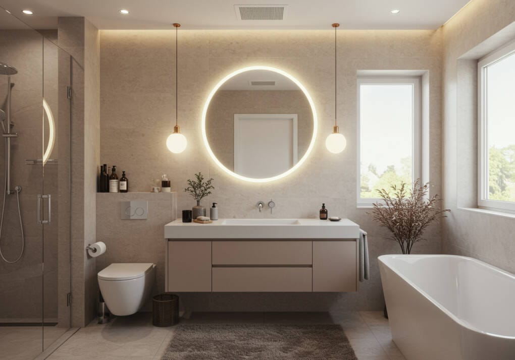 Modern bathroom with LED mirror, pendant lighting, and natural ventilation for a stylish and functional design