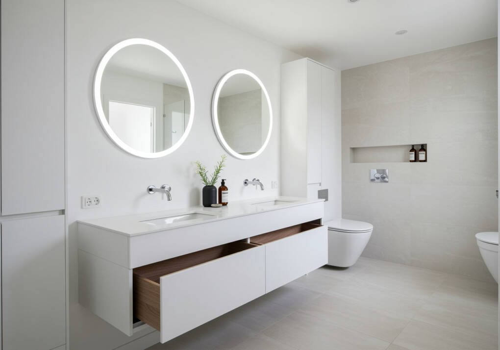 Modern bathroom with integrated storage, featuring a floating vanity with open drawers, dual round LED mirrors, and a sleek wall-mounted toilet with a built-in niche