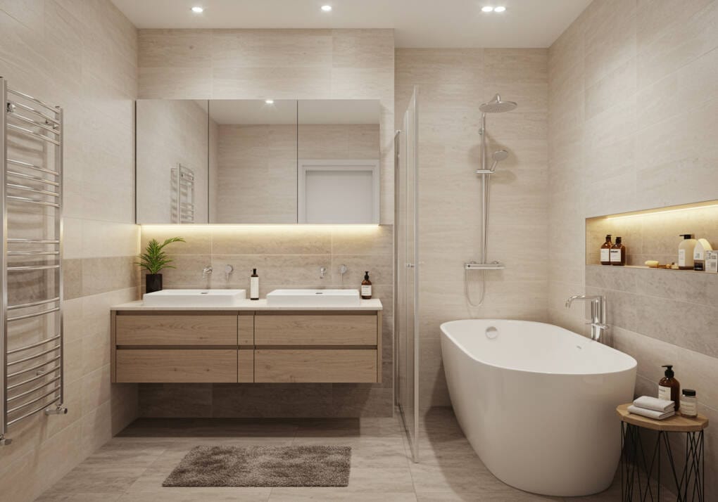 Modern neutral-toned bathroom with freestanding bathtub, floating vanity, and built-in storage niche
