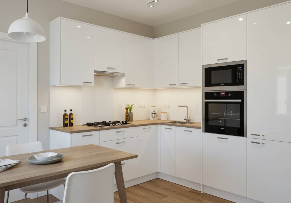 Modern white gloss kitchen featuring space-efficient overhead cabinets designed for small kitchens, with built-in appliances and a functional corner layout