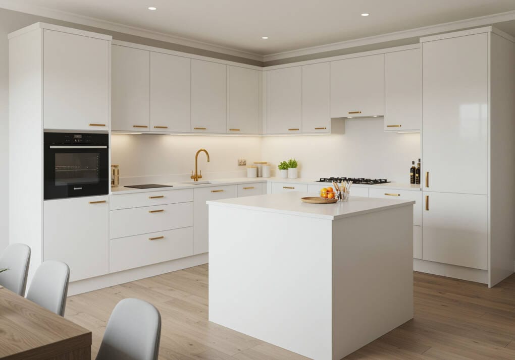 Spacious modern kitchen with sleek white gloss overhead cabinets, built-in appliances, and ample storage, designed for large kitchen layouts