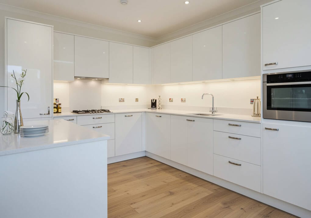 Modern kitchen featuring various types of overhead kitchen cabinets, including sleek white gloss cupboards, corner units, and built-in storage solutions