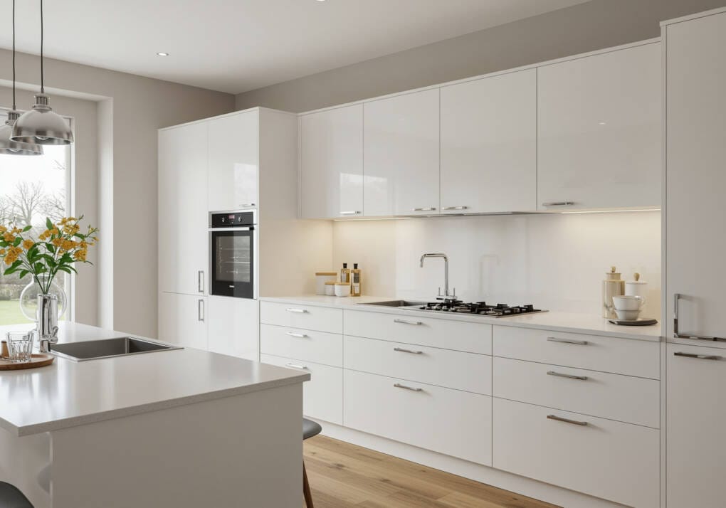 Modern kitchen with white gloss overhead cupboards showcasing standard sizes for efficient storage and seamless design
