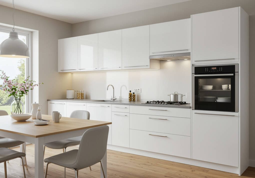 Modern kitchen featuring sleek white wall cabinets, enhancing storage and functionality in contemporary kitchen design