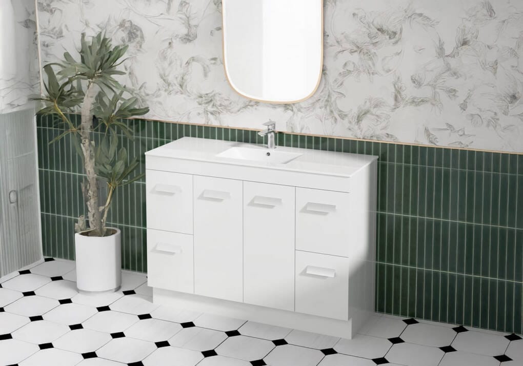 Erin PVC Vanity Unit 120cm – Modern White Bathroom Vanity with Ample Storage and Sleek Integrated Basin