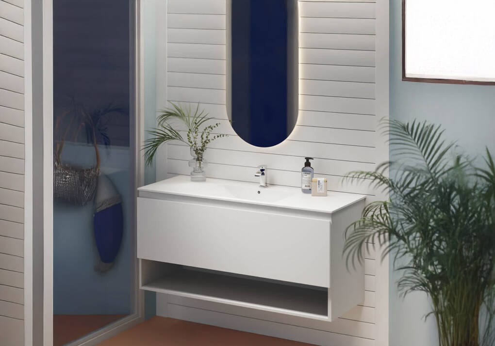 Marine Drawer & Shelf PVC Vanity Unit 120cm – Modern Coastal-Inspired Floating Vanity with Integrated Sink and Open Storage Shelf