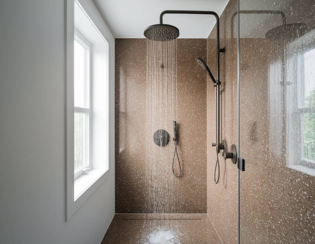 Modern bathroom with a black rain shower head, brown speckled tiles, and a rainfall water effect