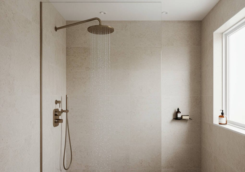 Elegant bathroom with a brushed bronze rain shower head, beige stone tiles, and a rainfall water stream.