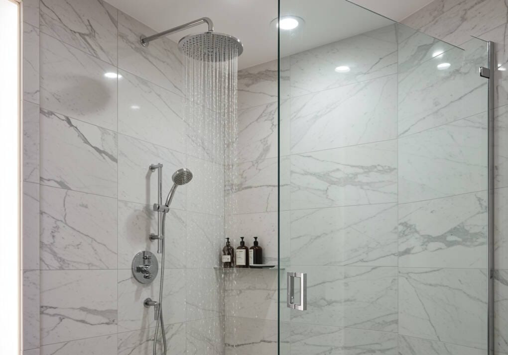 Stylish marble bathroom featuring a chrome rain shower head and a matching hand shower set.