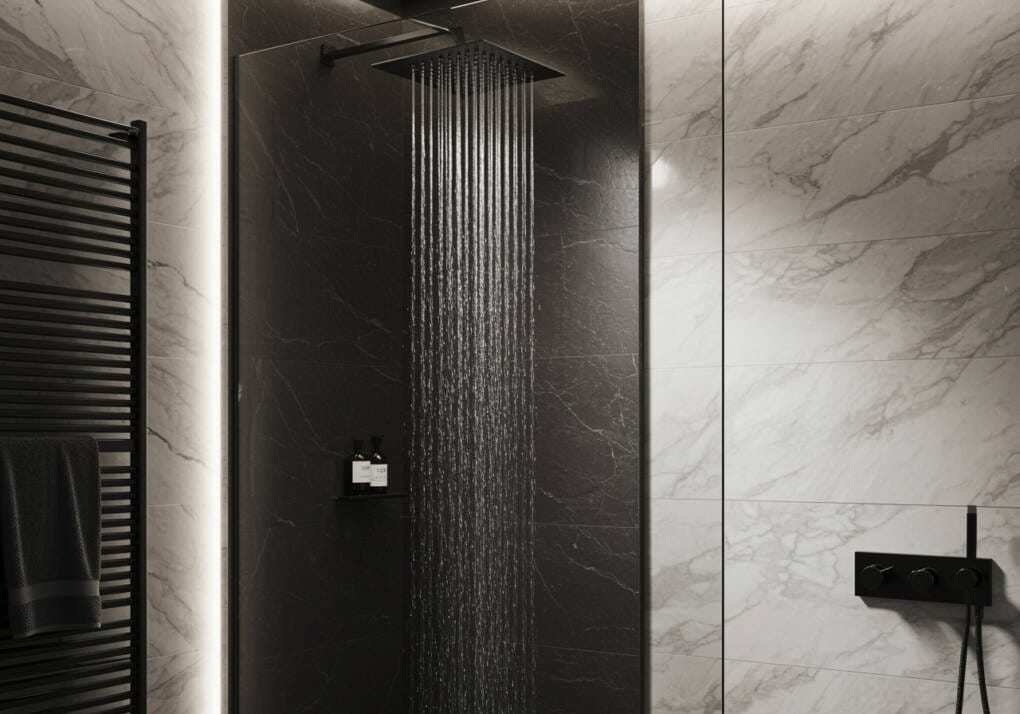 Contemporary bathroom with a matte black rain shower head, rainfall water effect, and a sleek black and white design