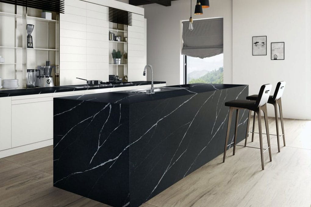 Sleek Black Marquina quartz stone benchtop with elegant white veins in contemporary kitchen