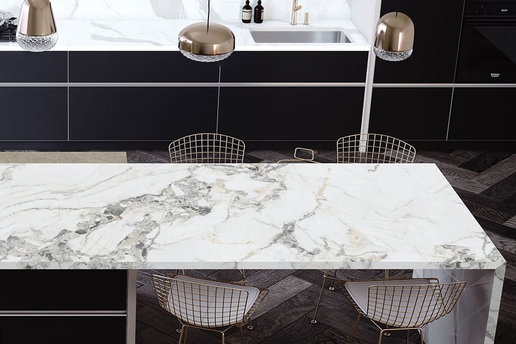Stylish Arabescato marble stone benchtop featuring sophisticated grey veining in modern kitchen