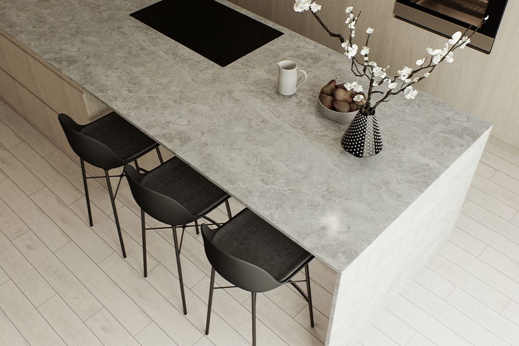 Contemporary Pietra Grey quartz stone kitchen benchtop offering a warm, textured finish.