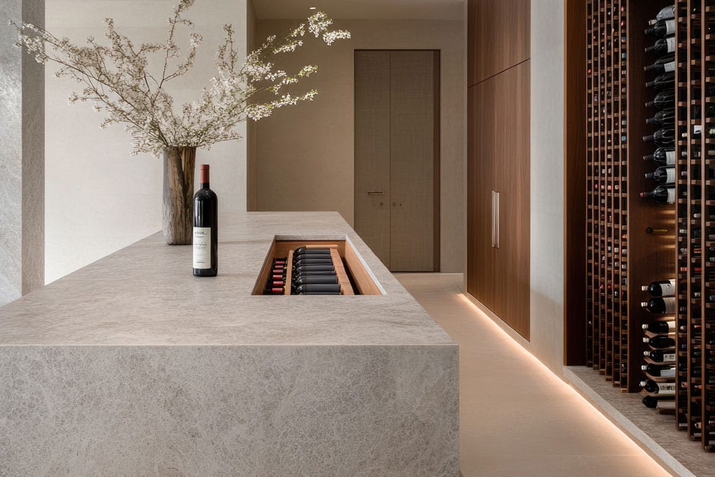 Elegant Travertine quartz stone benchtop in neutral beige tones, ideal for luxury interiors.