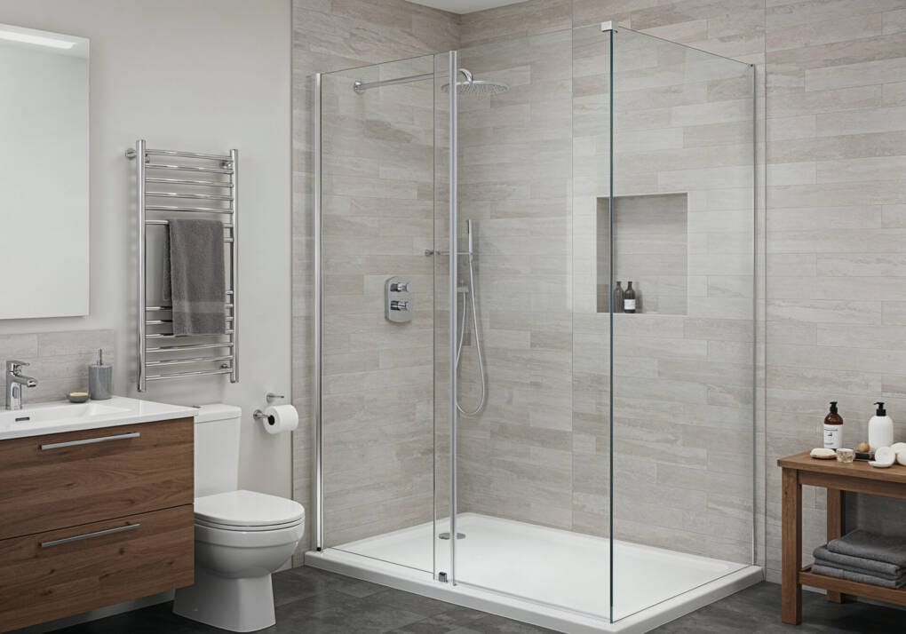 Modern bathroom featuring a semi-frameless shower screen with minimal aluminum framing, clear toughened glass, sliding door design, complementary chrome fixtures, and light gray tile walls creating a contemporary yet practical shower enclosure