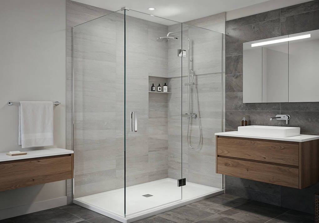 Contemporary bathroom featuring a completely frameless shower enclosure with thick glass panels, minimal chrome hardware, hinged glass door, rainfall showerhead, light gray stone-look wall tiles, timber vanities with white countertops, and vessel sink creating a spacious, luxurious aesthetic.