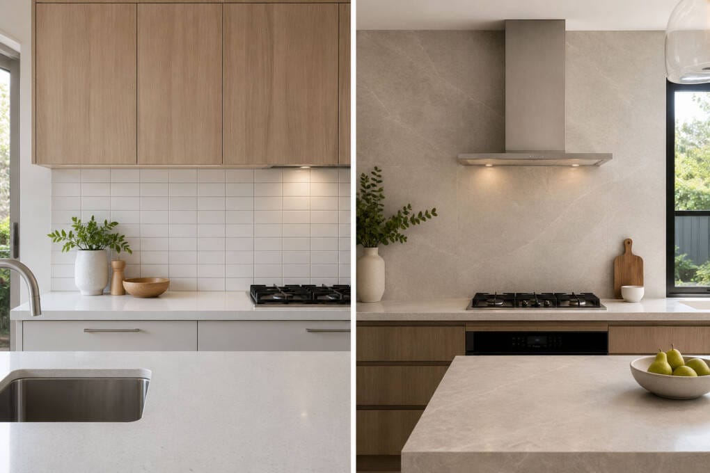 Split-screen kitchen comparison showing standard splashback tiles on one side and large-format full wall tiles on the other