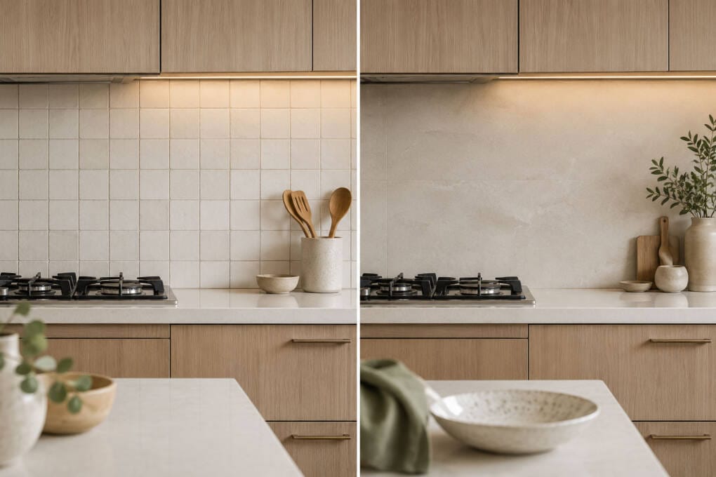 Split-screen kitchen comparison showing ceramic wall tiles on one side and large-format porcelain wall tiles on the other