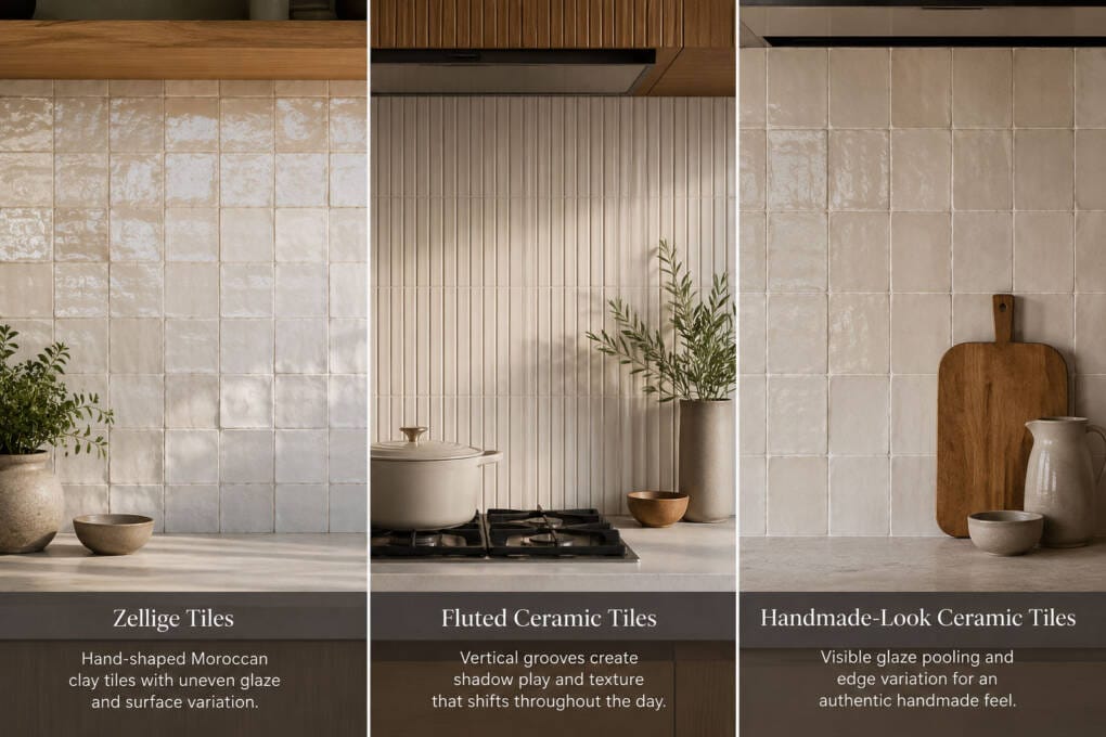 Kitchen splashback showing zellige, fluted ceramic and handmade-look tiles with textured surfaces and warm natural light