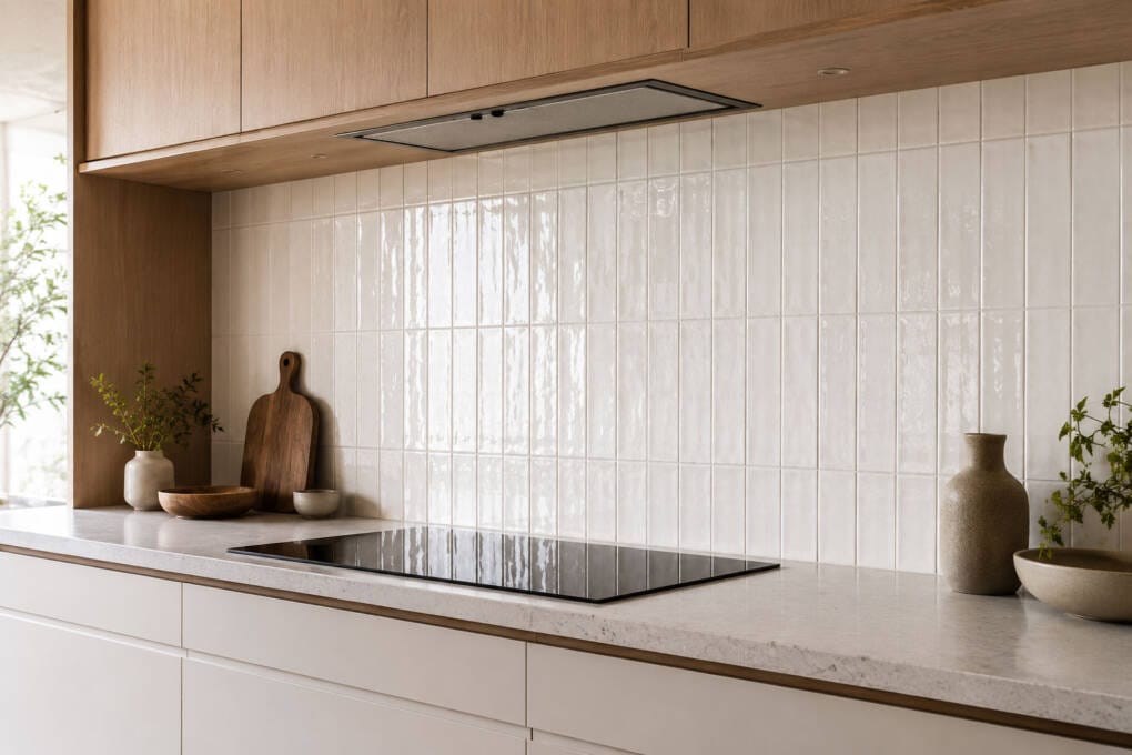 Modern kitchen with glossy white vertical stack subway tile splashback, tonal grout and timber overhead cabinets