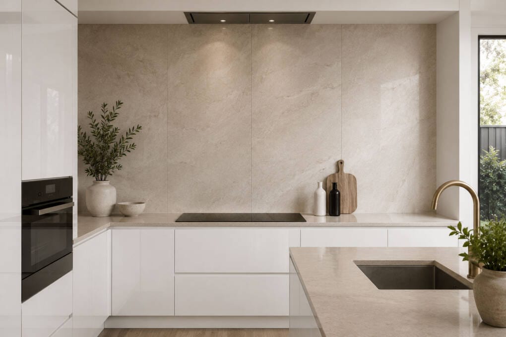 Modern kitchen with high gloss white plain cabinets and large-format stone-look porcelain tiles on a full-height feature wall