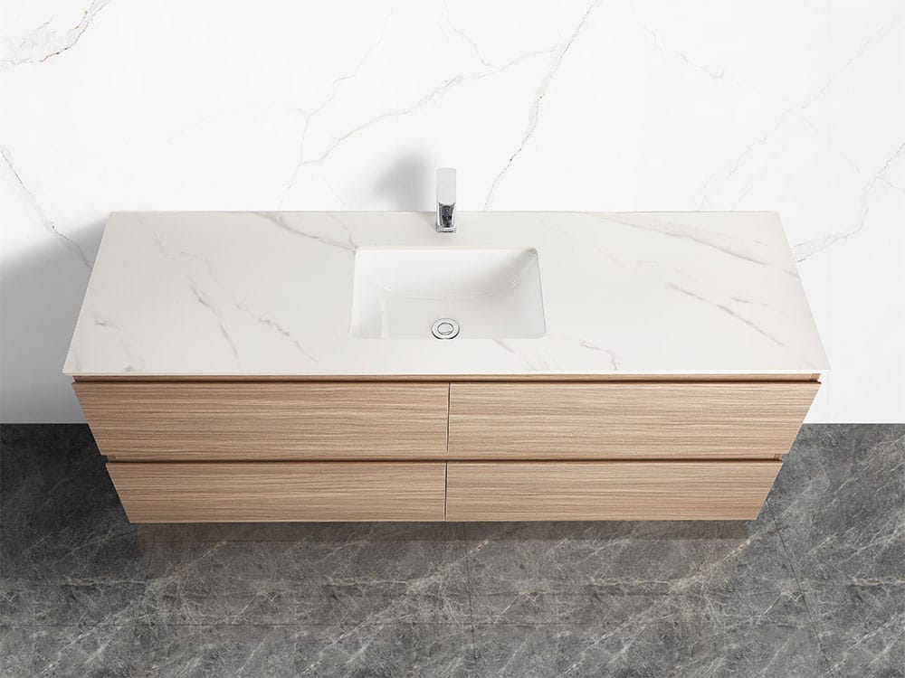 Front view of 150cm integrated vanity top with single basin in Mountain Snow surface