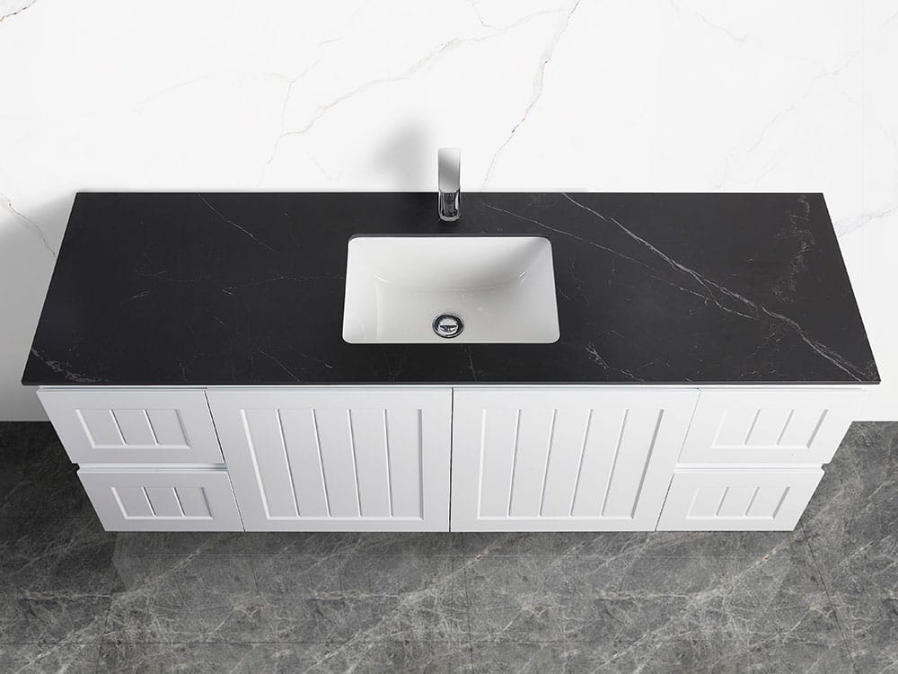 Top view of 150cm sintered stone vanity top in Shakespeare Black with single integrated basin
