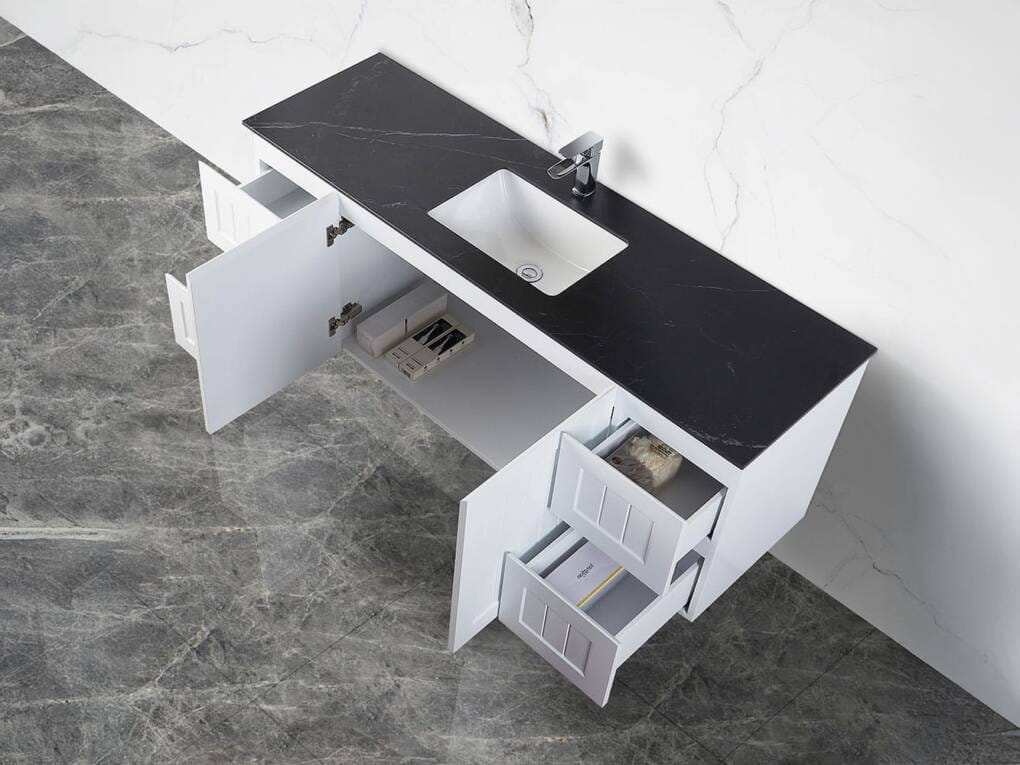Side view of Shakespeare Black vanity top with single integrated basin