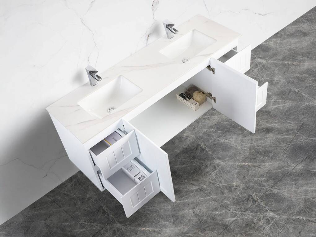 Side view of 150cm flat vanity top in Mountain Snow finish with double basins