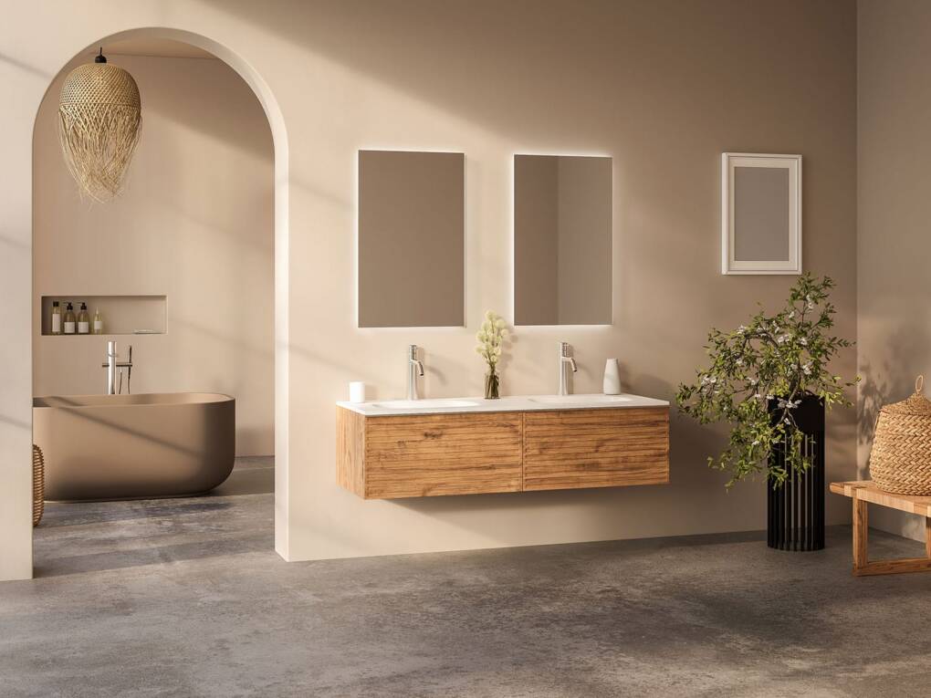 Neutral bathroom with earth-toned paint and tiles, double basin and freestanding tub