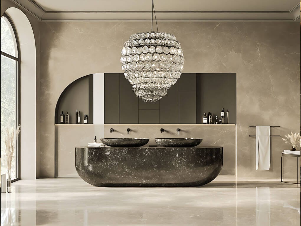 Elegant bathroom with black stone double vanity, crystal chandelier, and cream tile finishes