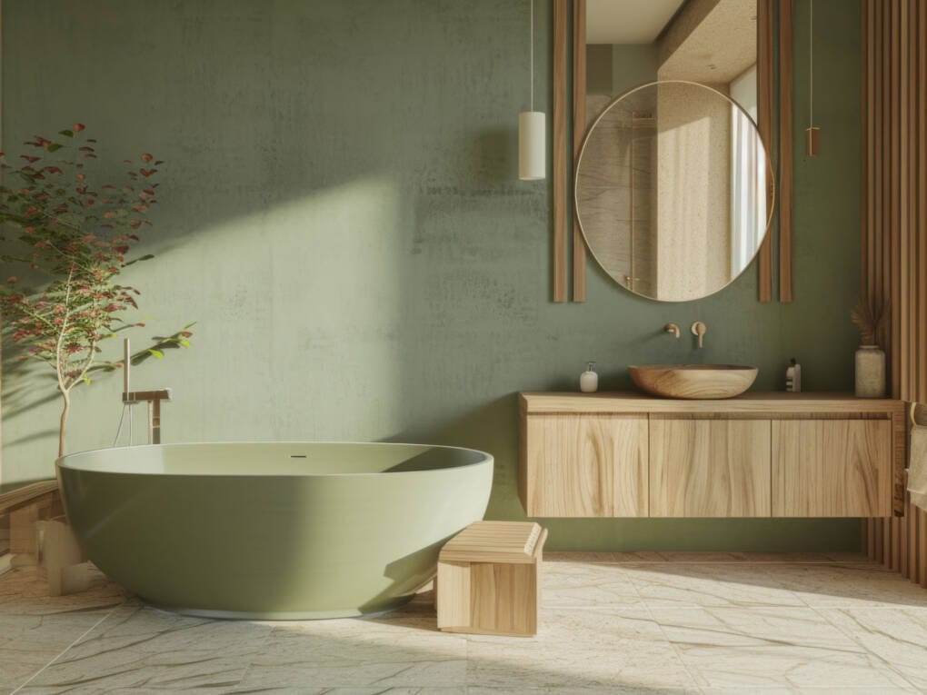 Earthy bathroom with olive green feature wall, timber vanity and freestanding green bath
