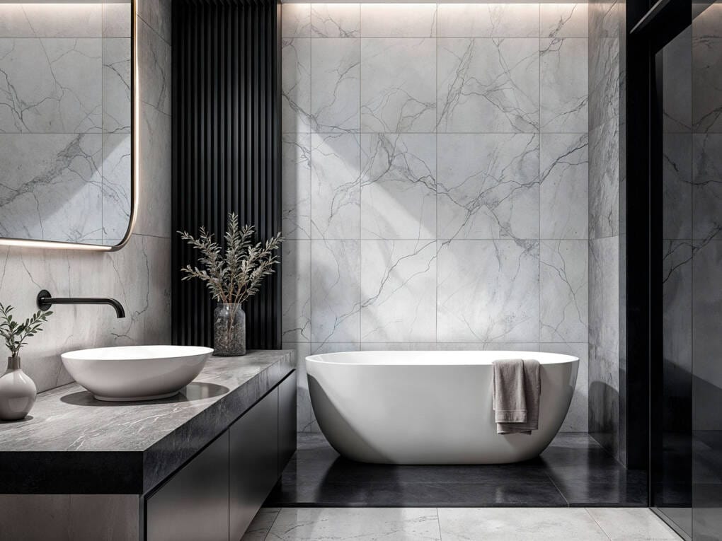 Contemporary bathroom with charcoal and white tiles, black accents and freestanding tub