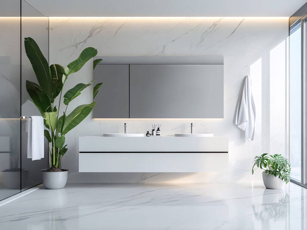 All-white bathroom featuring stone-look marble walls, dual basins, and LED backlighting for a minimalist luxury style
