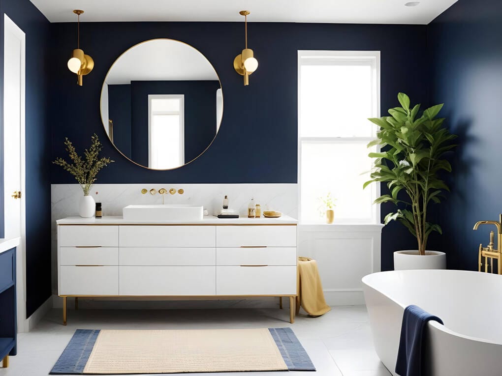 Navy and white bathroom with gold fixtures and large round mirror, perfect for bold and elegant colour schemes