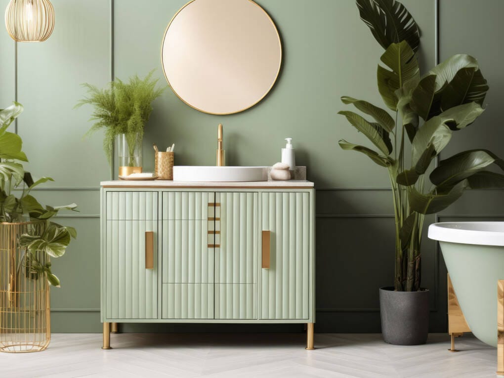 Sage green vanity with vertical grooves and gold hardware, set against matching green wall panels for a fresh bathroom palette