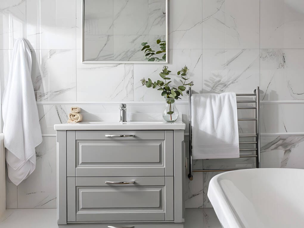 Grey and white bathroom design featuring marble tiles, shaker vanity, and chrome accessories for a timeless look