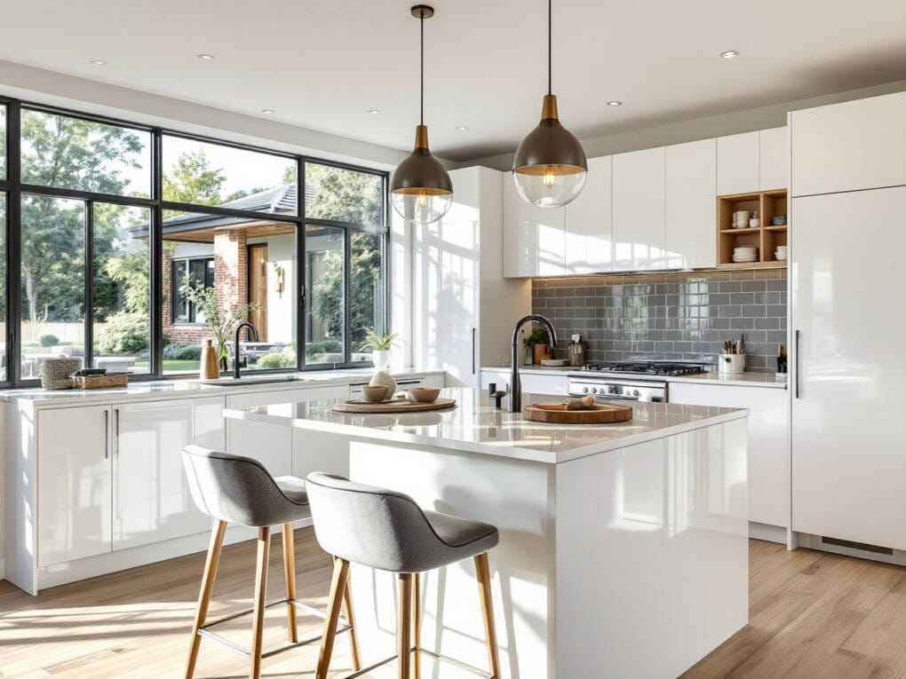Flat pack kitchen setup with white cabinets, large window and pendant lighting