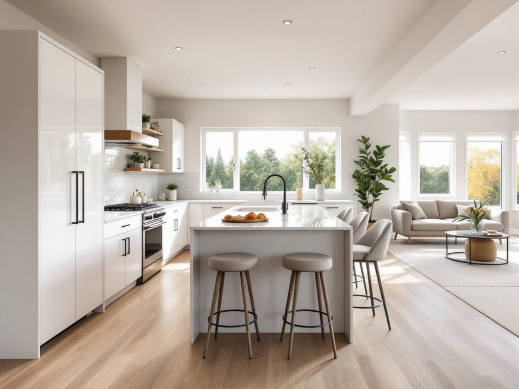 DIY kitchen with gloss white cabinets, timber floors and black window framing
