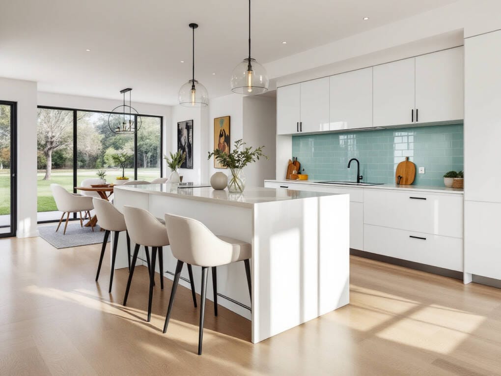 Contemporary kitchen with island bench, white gloss cabinetry and lounge space