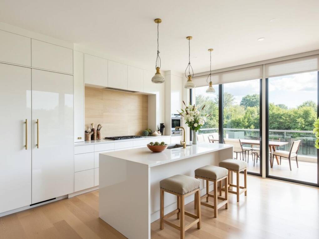 Renovated kitchen with white cabinets and aqua splashback in open dining area
