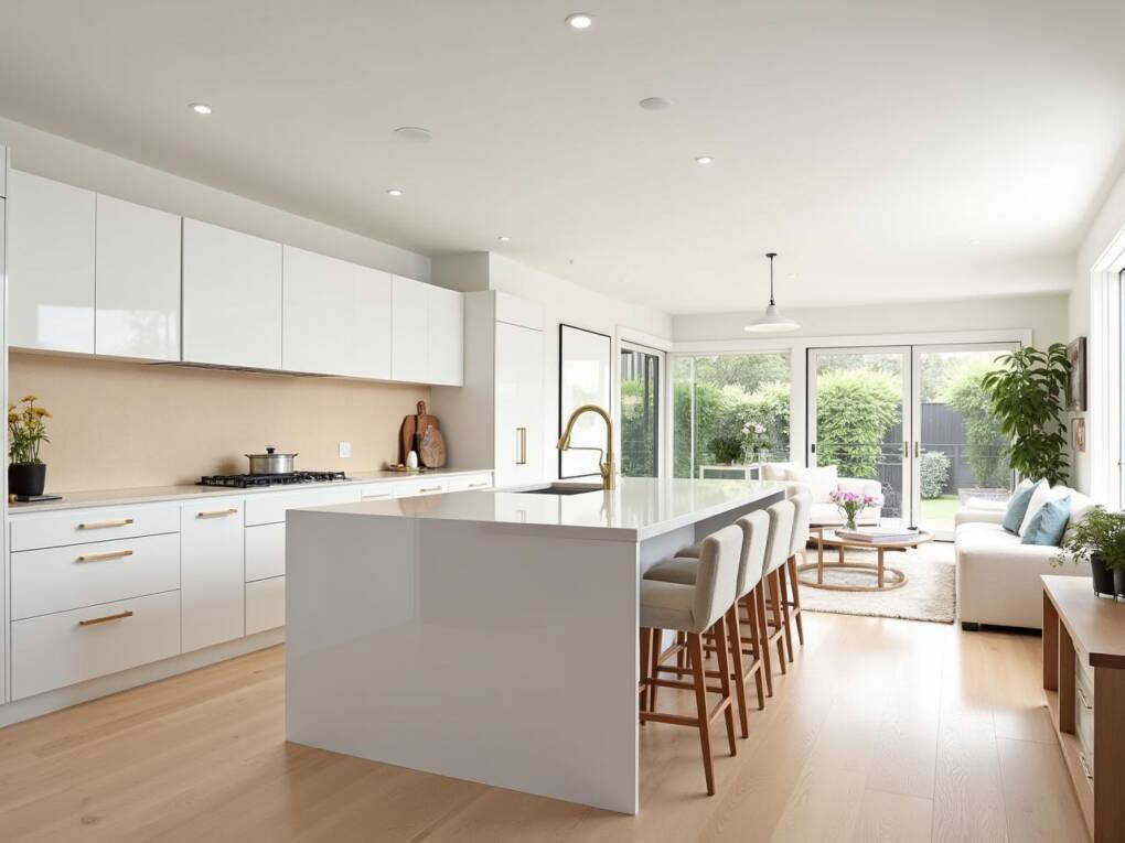 Open-plan kitchen with pre-assembled white gloss cabinets and island bench