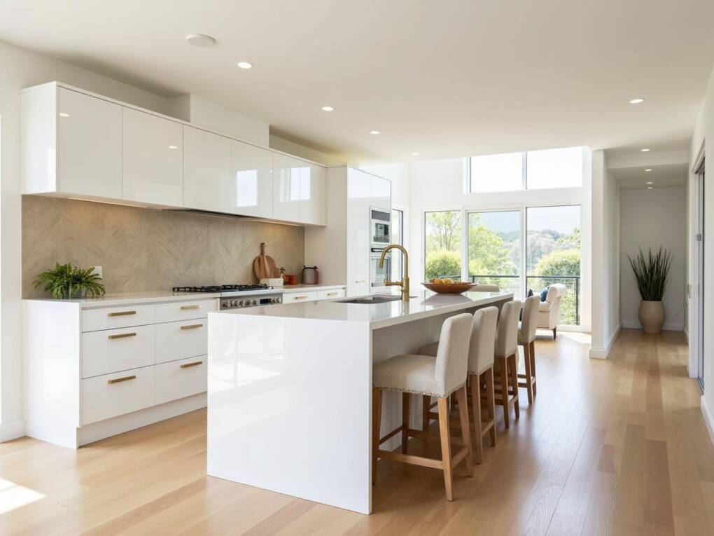 Bright kitchen featuring pre-assembled white cabinets and island for DIY renovation