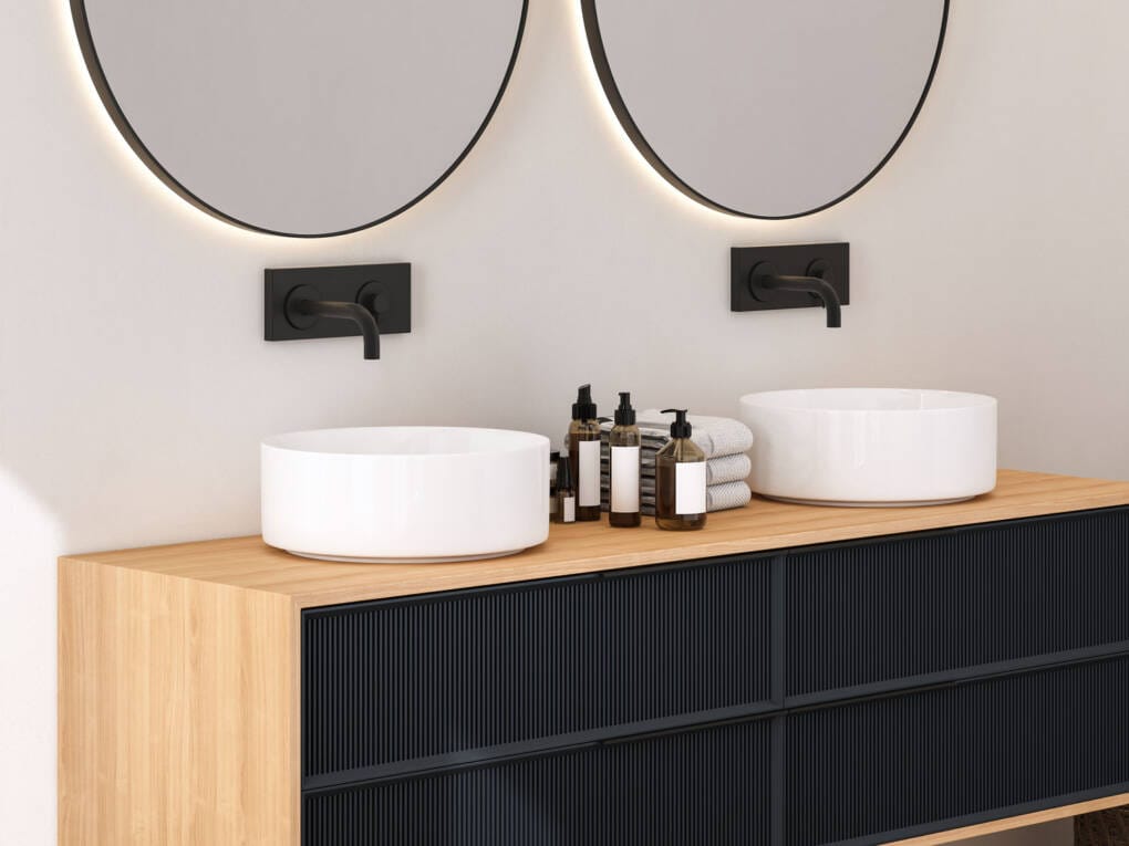 double basins with combination backplate mixer taps on timber vanity