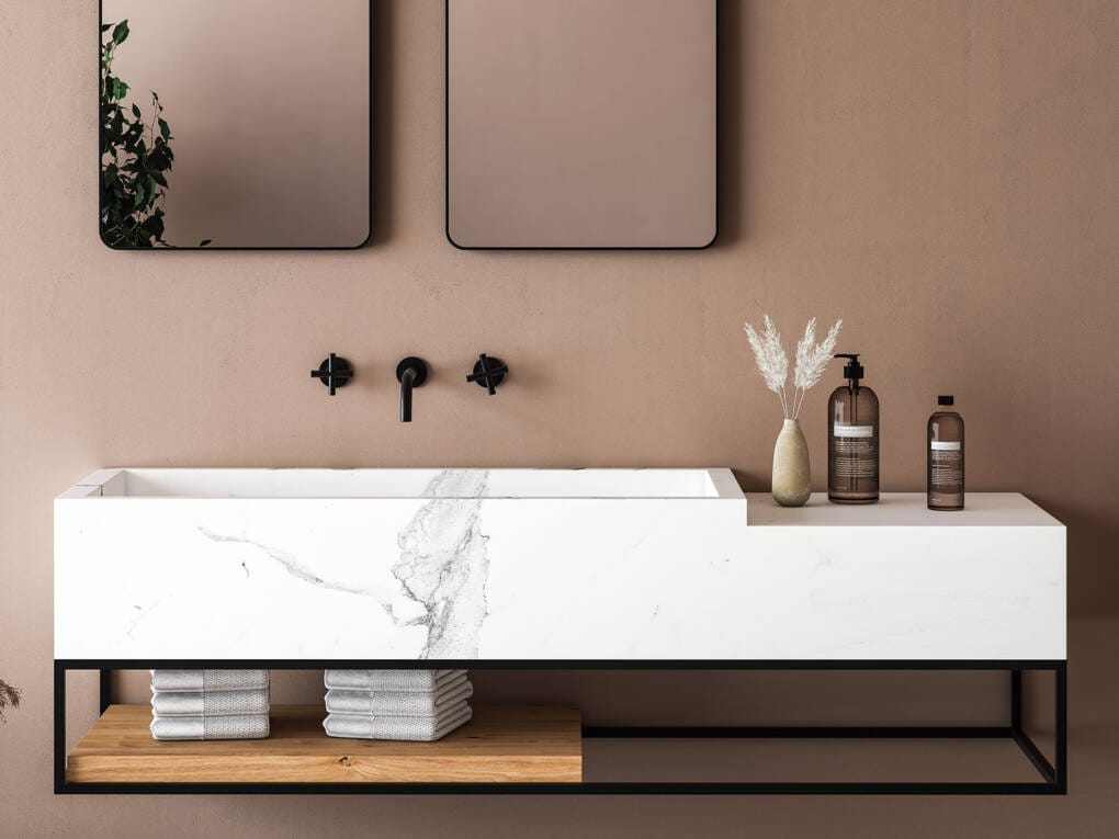 Marble vanity with matte black three-piece wall-mounted mixer tap sets